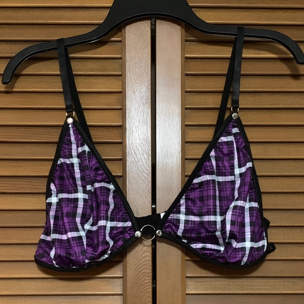 Romwe Sexy Strappy Black Purple Plaid Bra 3X